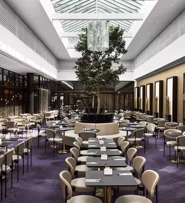 Et moderne restaurantinteriør med rækker af borde og beige stole på et lilla tæppe. Et stort træ er centralt placeret under et glasloft, hvilket giver naturligt lys. Rummet har et slankt, moderne design med mørke accenter og spejlede vægge.